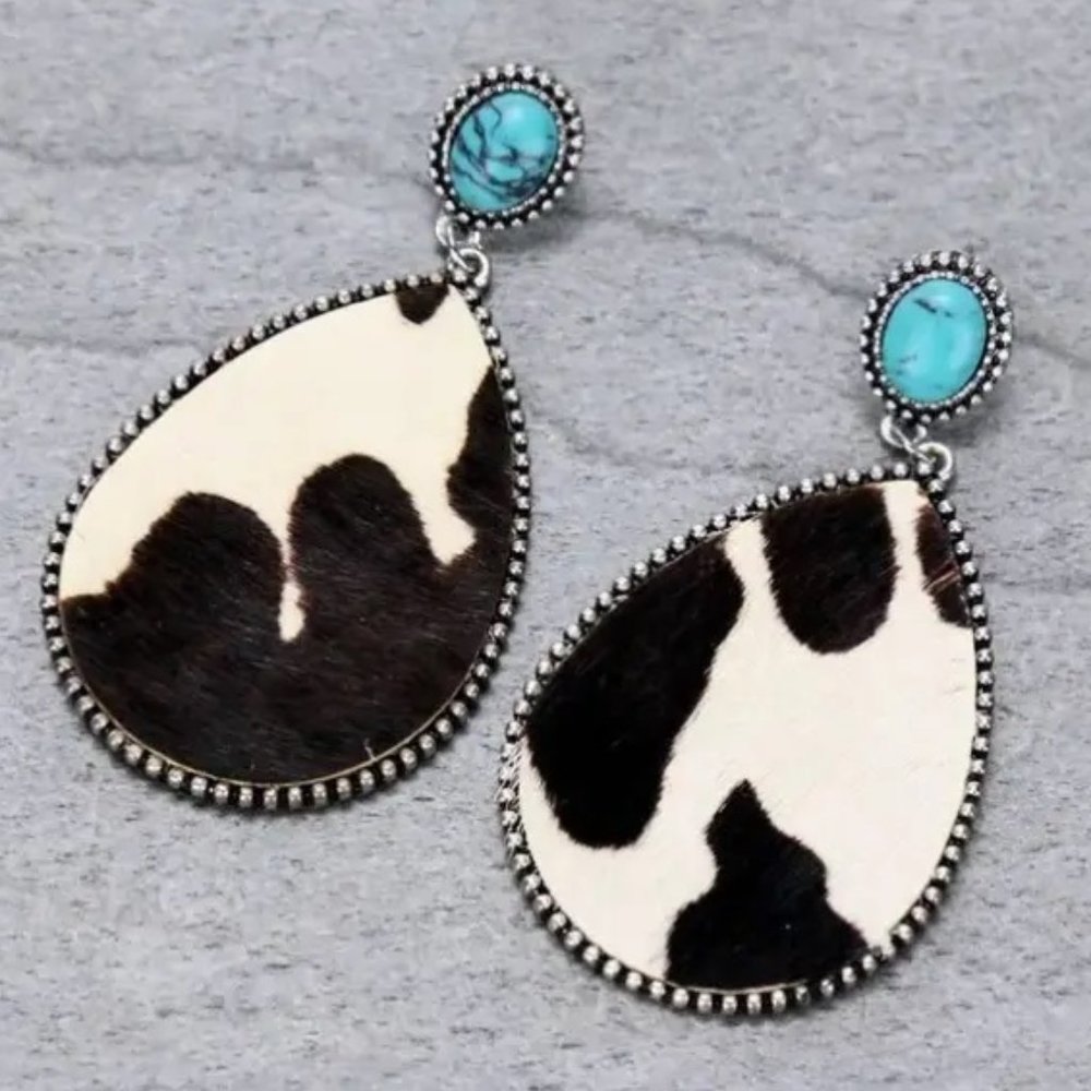 925 Silver Plated Turquoise Cow Print Western Boho Earrings - NEW